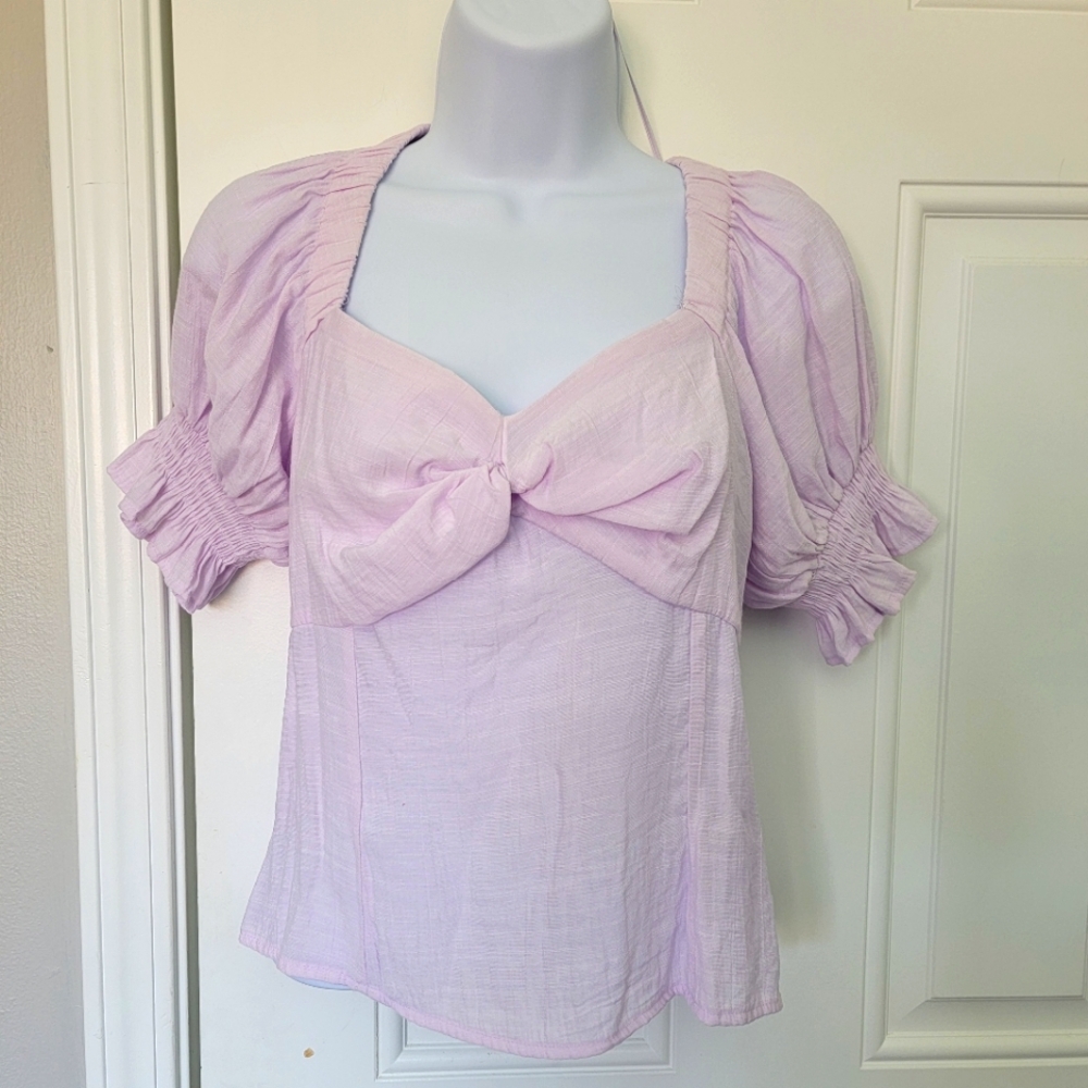 Nine West Lavender Purple Twist Front Puff Sleeve Off Shoulder Blouse Size M